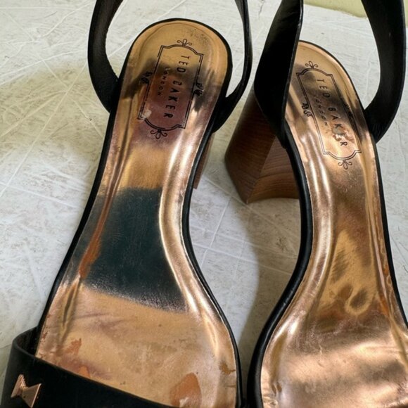 Ted Baker Biah Leather Ankle Strap Block Heel Rose Gold Bow Studs Sandal Shoe 38 - Picture 10 of 16